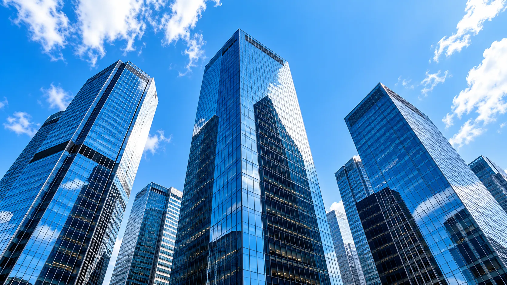 Blue glass tower beneath bright skies-1
