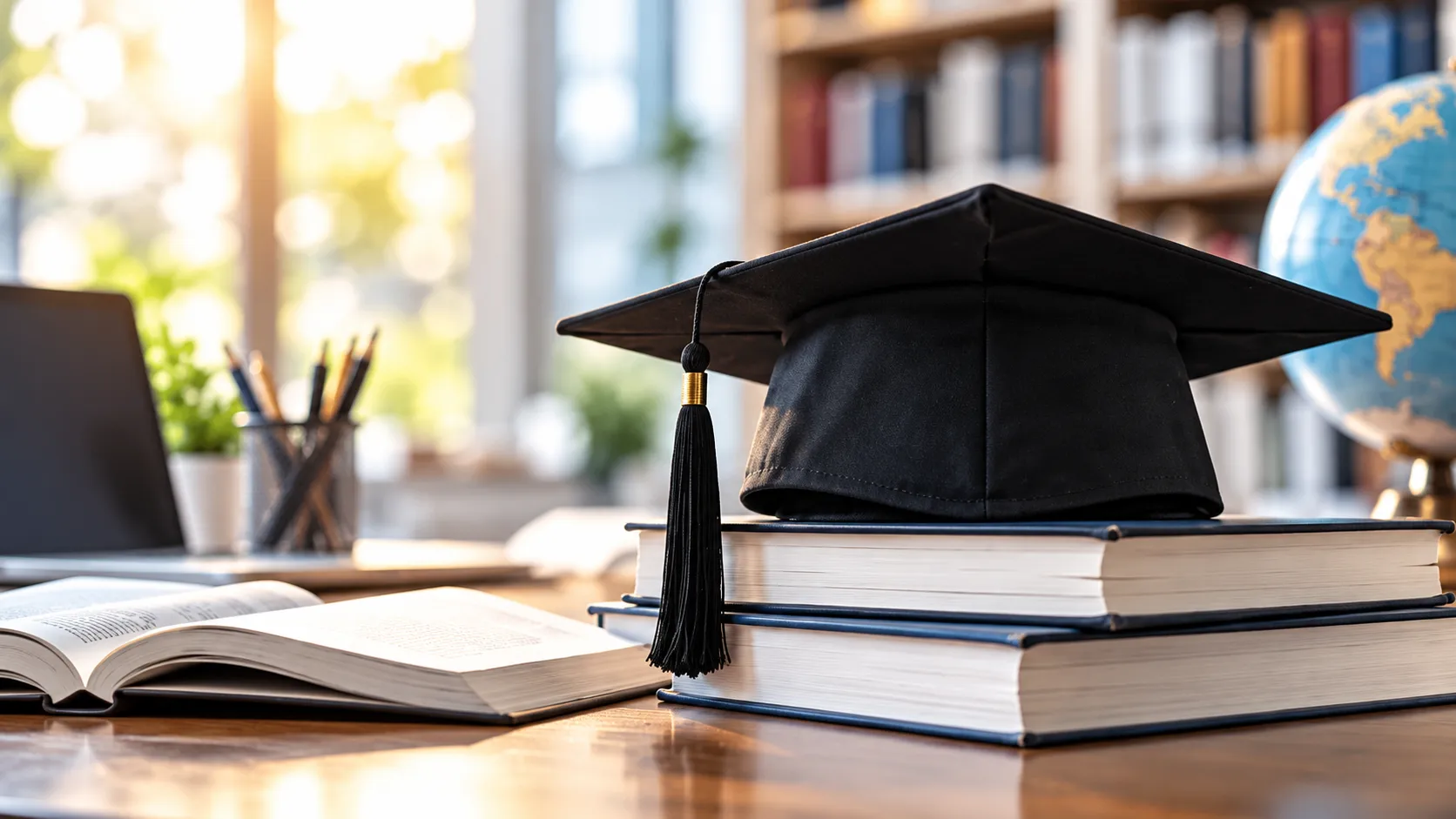 Graduation Cap and Books in Warm Light-5