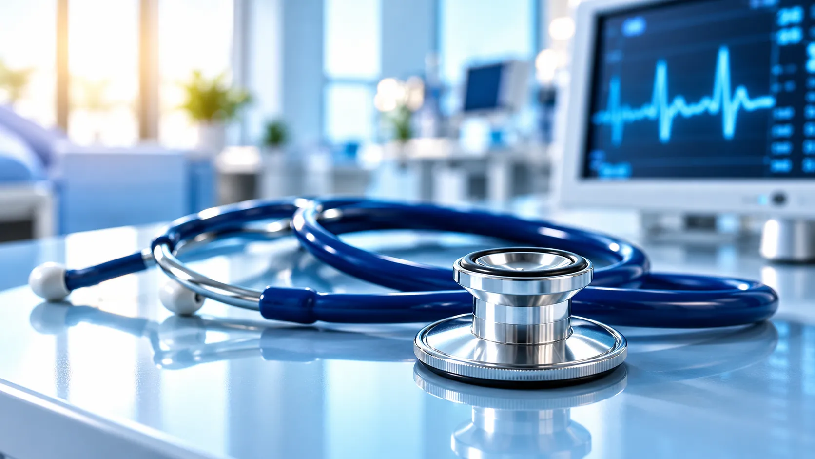 Silver Stethoscope on Blue Medical Surface-2